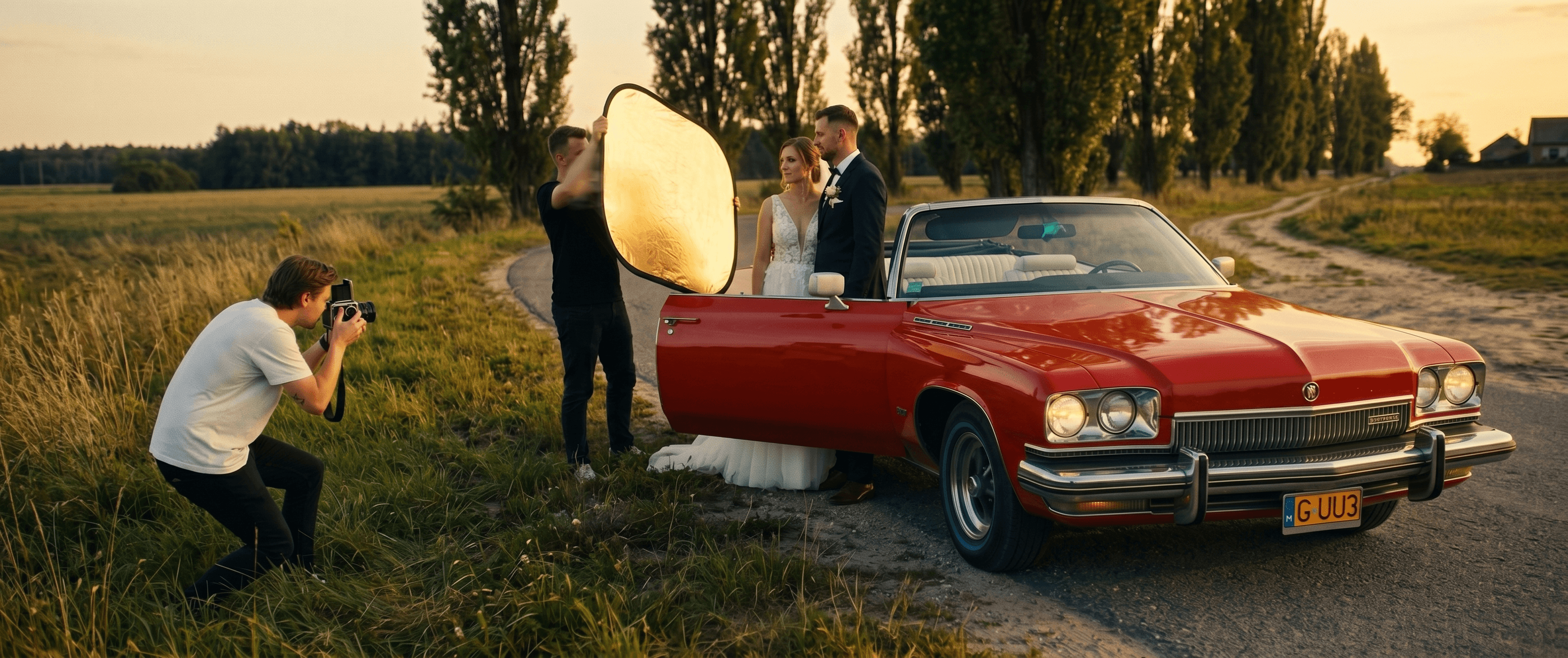 Backstage z planu zdjęciowego z fotografem i Buickiem