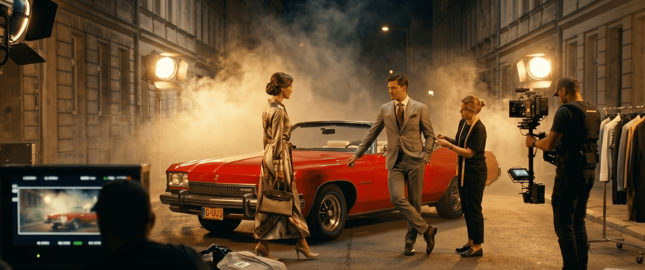 Buick na nocnym planie spotu reklamowego z ekipą filmową